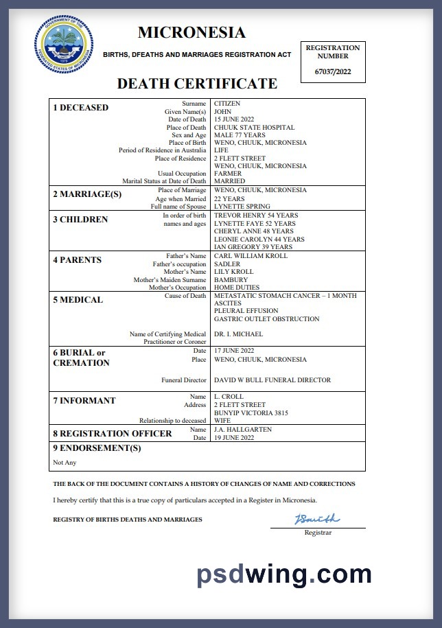Micronesia Vital Record Death Certificate (Word & PDF)
